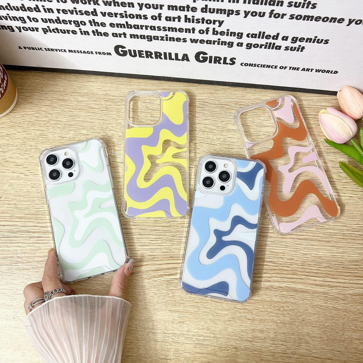 Cute Art Wavy Painted Phone Case for iPhone 14/13, Soft TPU Edge & PC Back, Shockproof Protection - Blue.