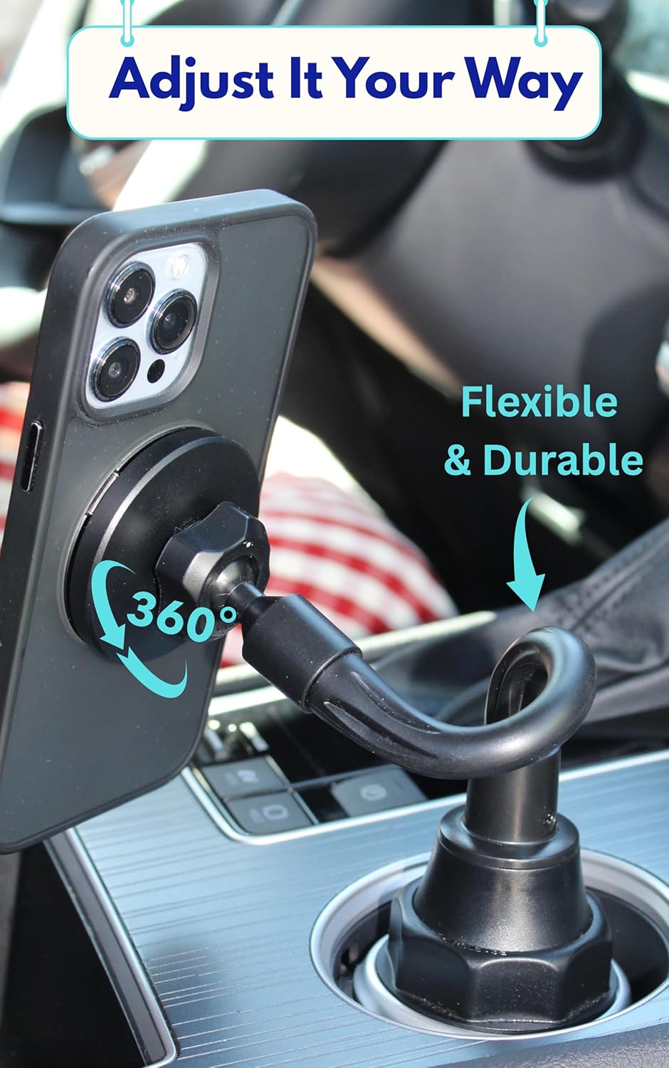 Cup Holder Phone Mount Magnetic - Designed for MagSafe Cupholder Car Mount, Super Strong Magnet for Cell Phone Cup Holders, Expandable Base, Flexible Gooseneck, Compatible with iPhone, Galaxy, Pixel
