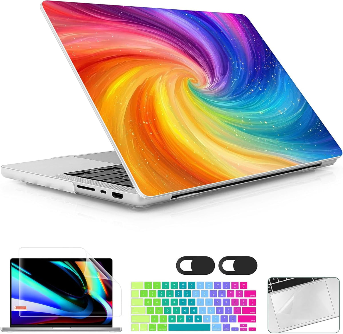 for MacBook Pro 16 inch Case 2021 2022 2023 2024 Release A3186 A3403 M4 A2991 M3 A2780 M2 A2485 M1 Pro/Max, Hard Shell Case with Screen Protector & Keyboard Cover, Swirling Rainbow