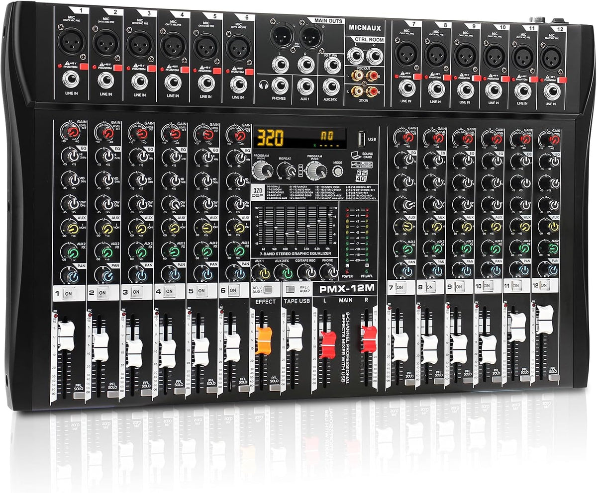 Audio Mixer 12 Channel Professional Mixer Console with 320 DSP Effects, 7-band EQ Sound Mixing Board Digital DJ Mixer w/USB Bluetooth MP3 for Recording, Independent 48V Power & Mute Button