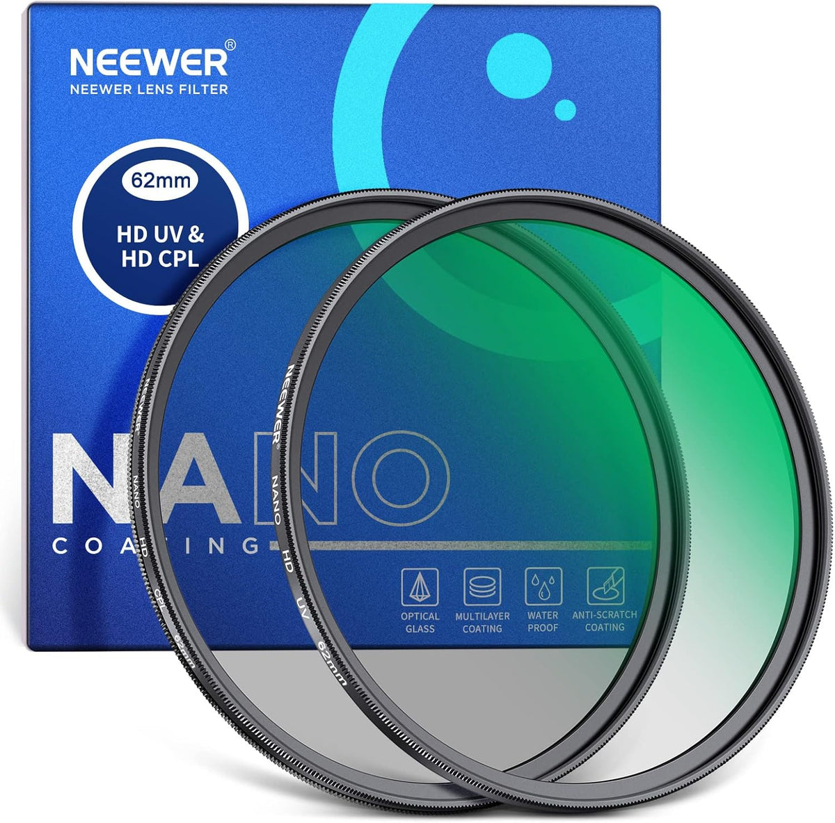 NEEWER 62mm UV CPL Lens Filter Kit, Circular Polarising Filter Set with HD Optical Glass