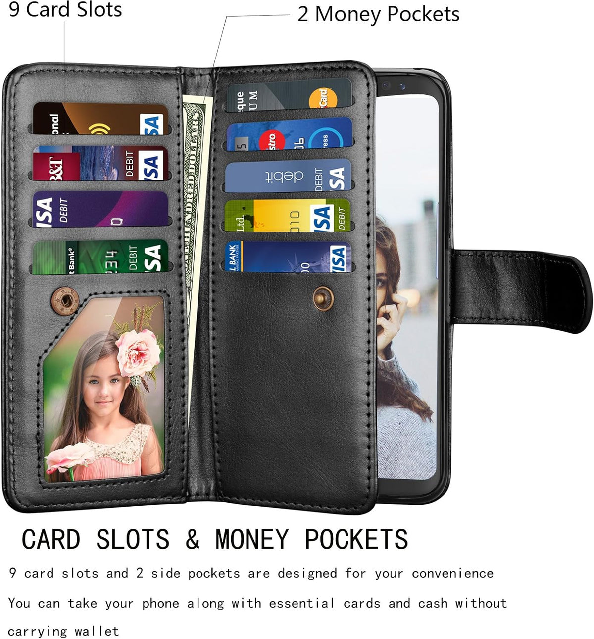 NJJEX for Galaxy S8+ Case - PU Leather Wallet Case with 9 Card Slots, Detachable Kickstand, Black