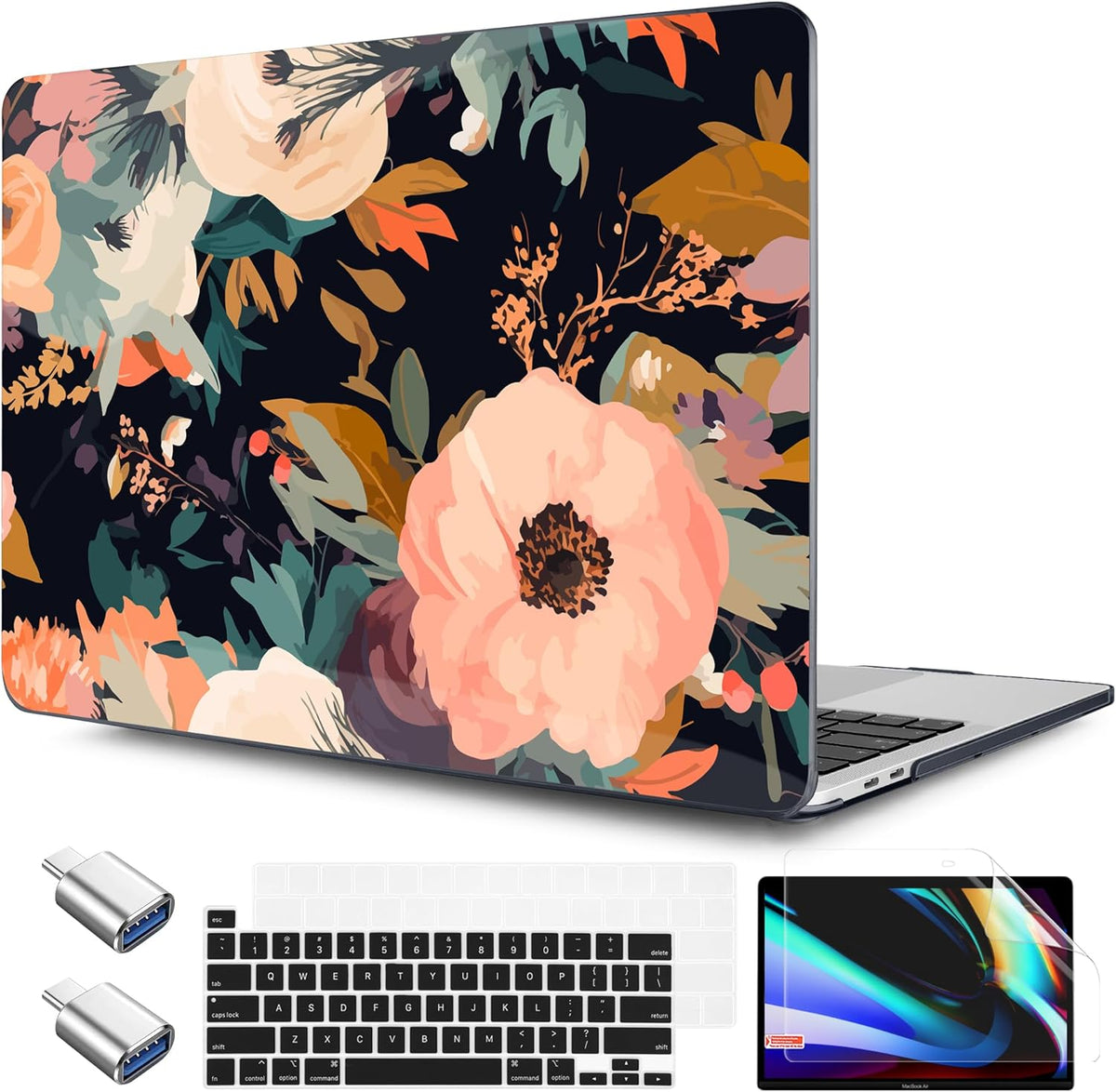 TWOLSKOO Compatible with MacBook Pro 13 inch Case 2023-2016 A2338 M2/M1 A2251 A2289 A2159 A1989 A1706, Plastic Hard Shell Cover & Keyboard Skin & Screen Protector, Bright Abstract Flowers