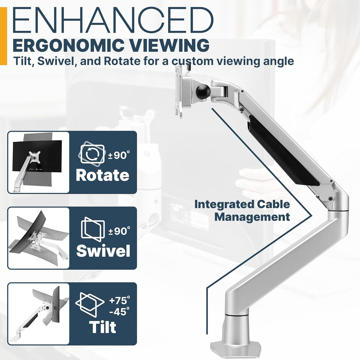 Premium Height Adjustable Single Monitor Arm Stand: Desk/Grommet Mount, Gas Spring Lift, VESA 75x75 or 100x100mm, Flat Curved Ultrawide Computer Screens up to 49in and 44lbs, Silver