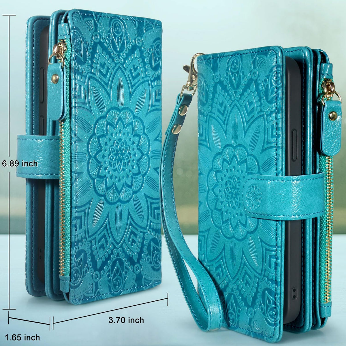Harryshell Compatible with iPhone 12 Pro Max Case - Wallet Detachable Magnetic Zipper Leather Holder (Floral Blue Green)