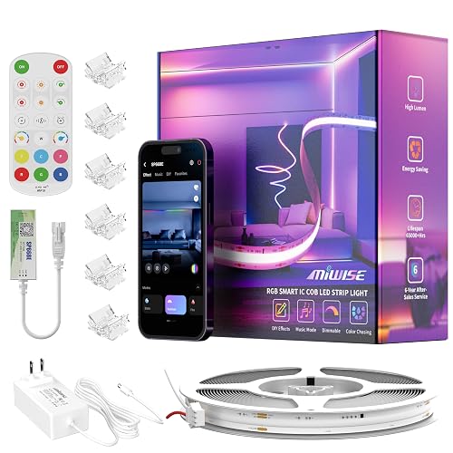 MIWISE LED Strip Lights,RGB Smart IC COB LED Strip Light Color Chasing,24ft Multicolor Flexible LED Tape Light,Music Sync with APP Control,Addressable