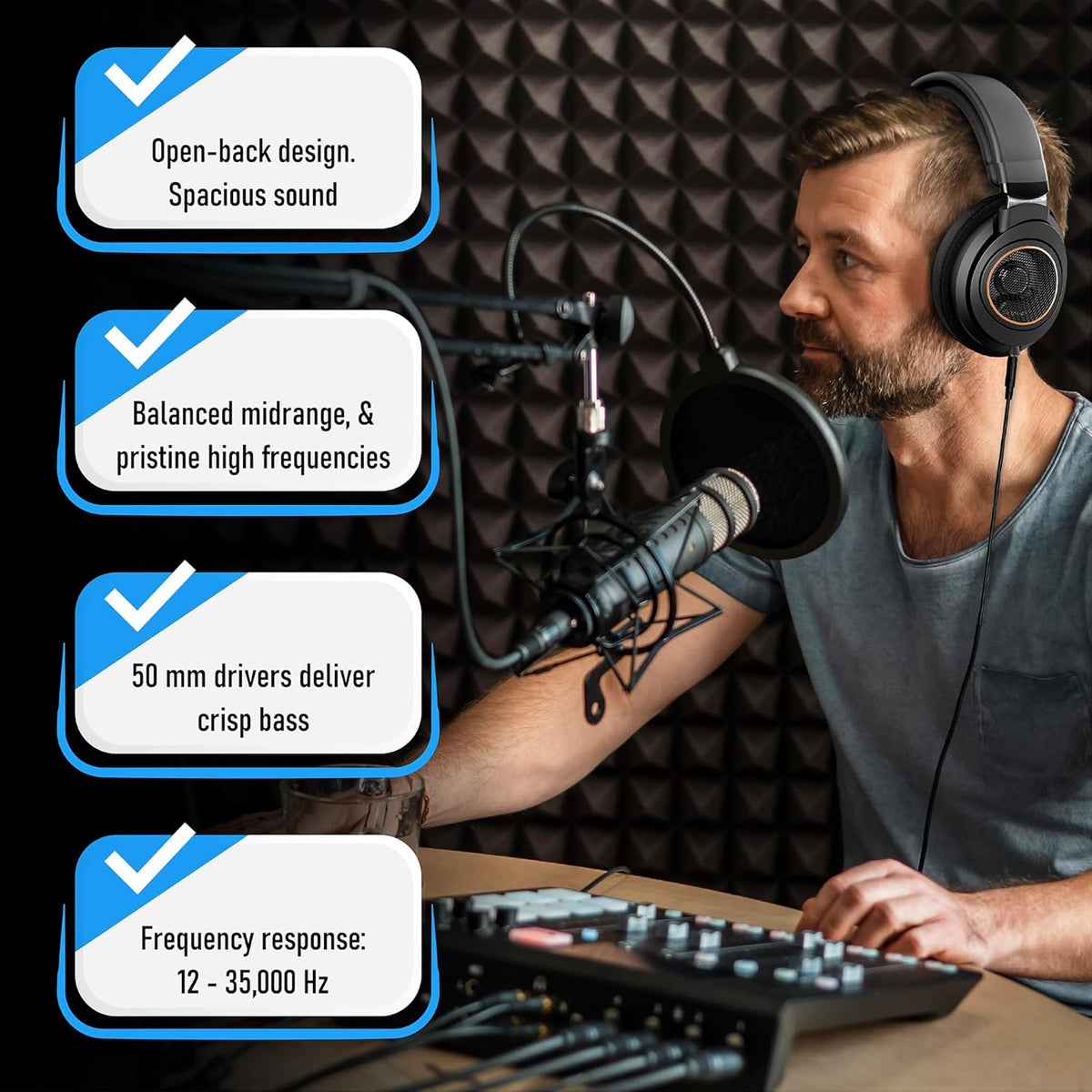 PHILIPS Over Ear Open Back Stereo Headphones Wired with Detachable Audio Jack, Studio Monitor Headphones for Recording Podcast DJ Music Piano Guitar (SHP9600)