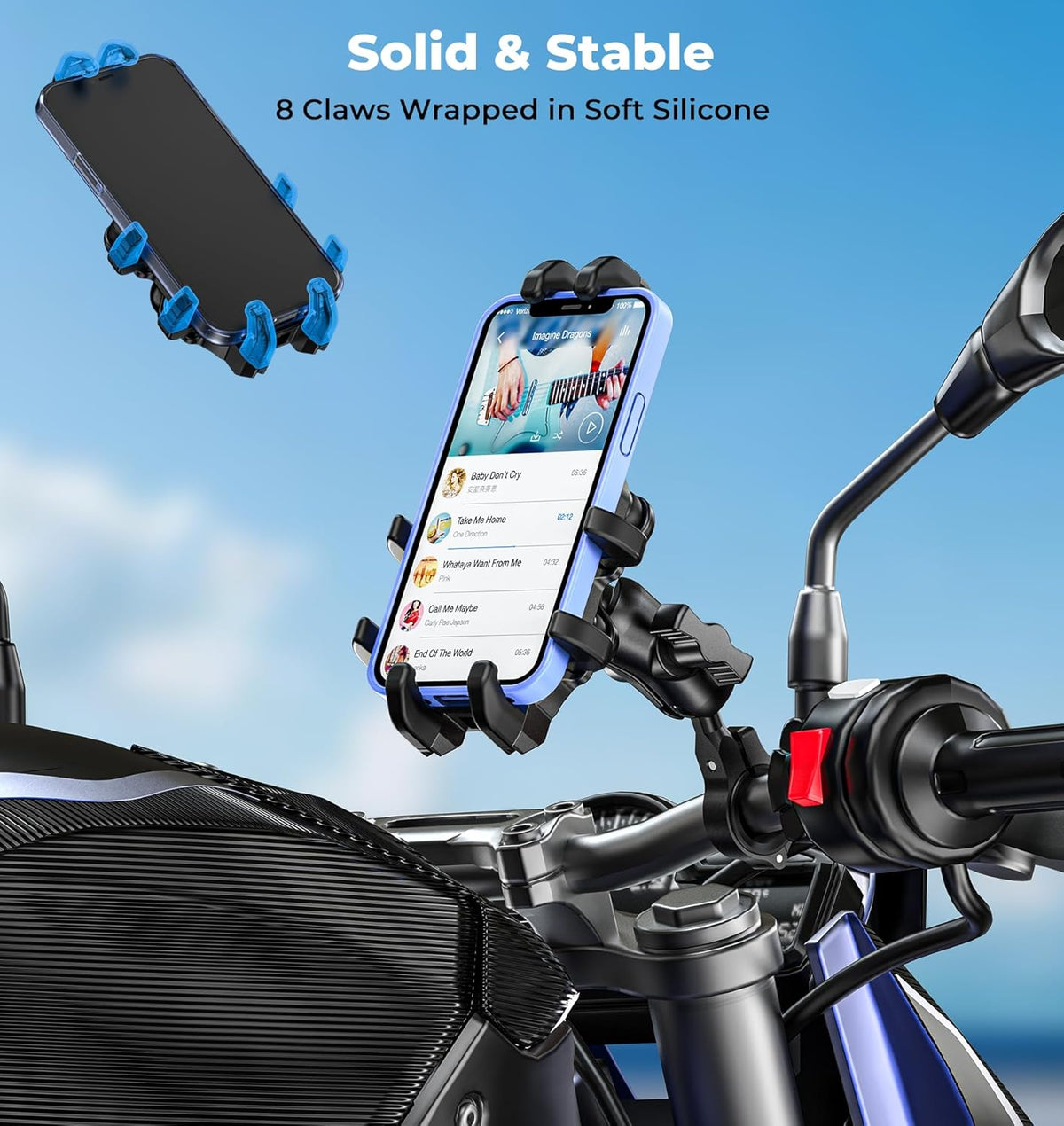 Motorcycle Phone Mount with Vibration Dampener, Anti-Shake Bike Phone Holder with Aluminum Alloy Handlebar Clamp, One-Handed Operation Motorcycle Cellphone Mount Fit for 5.4"-7.2" Smartphone