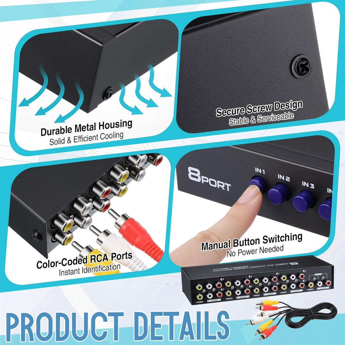 Gulfmew 8 4 8 1 8 Way AV Switch, RCA Switcher with FT RCA Cable, in Out Composite Video L/R Audio Selector Box, Port AV