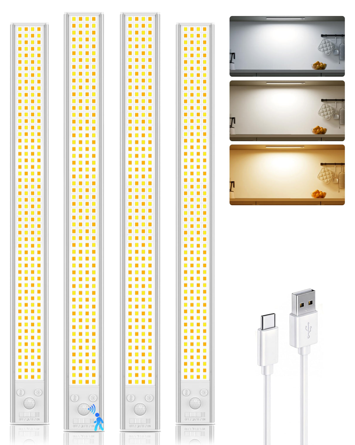 16inch Under Cabinet Lighting, 216LED Motion Sensor Light Indoor, Rechargeable Closet Lights, 3 Color Temps, Dimmable, Wireless Under Counter Lights