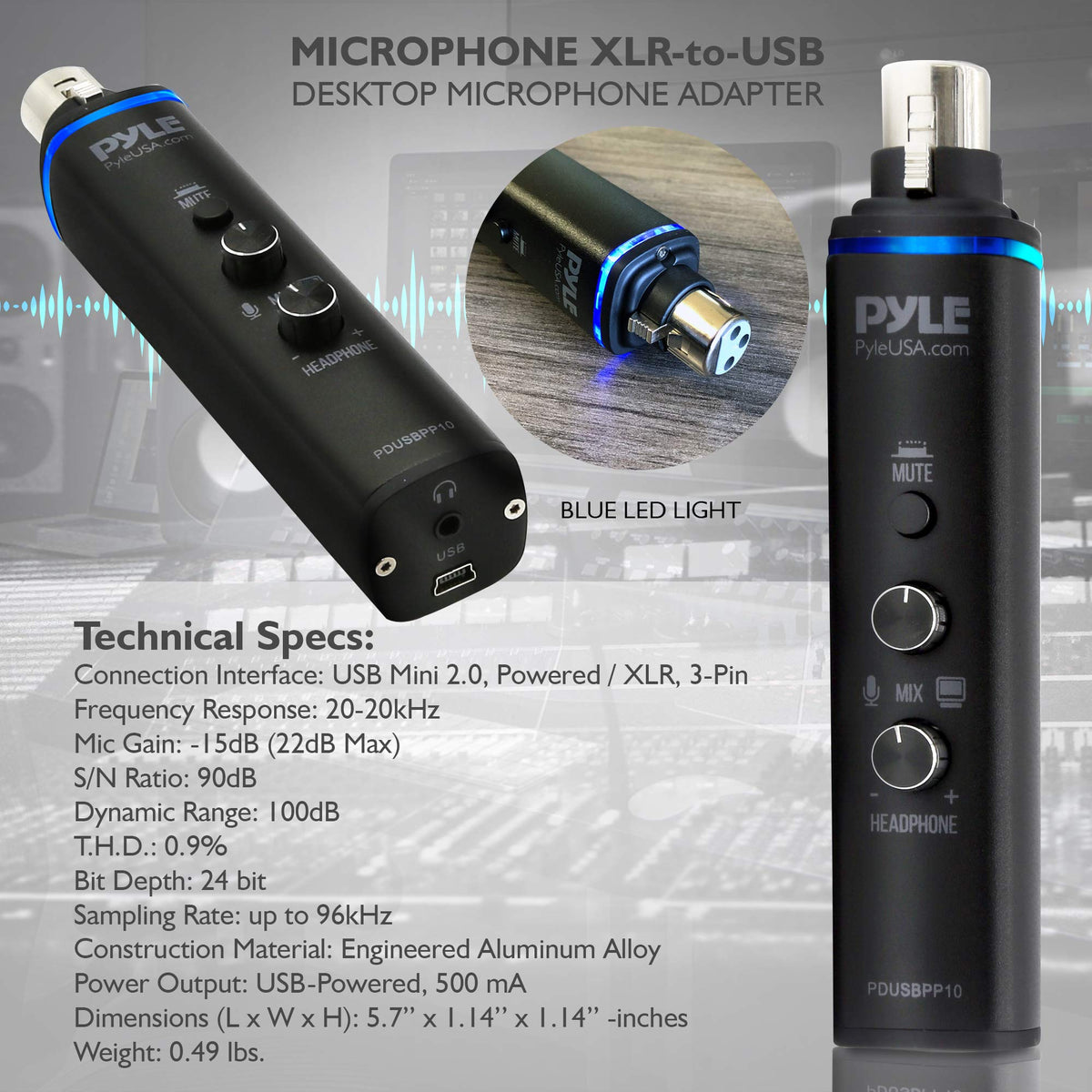 Pyle Microphone XLR-to-USB Signal Adapter - Universal Plug and Play XLR Mic to PC Adaptor for Digital Recording w/ Mix Audio Control, +48V Phantom