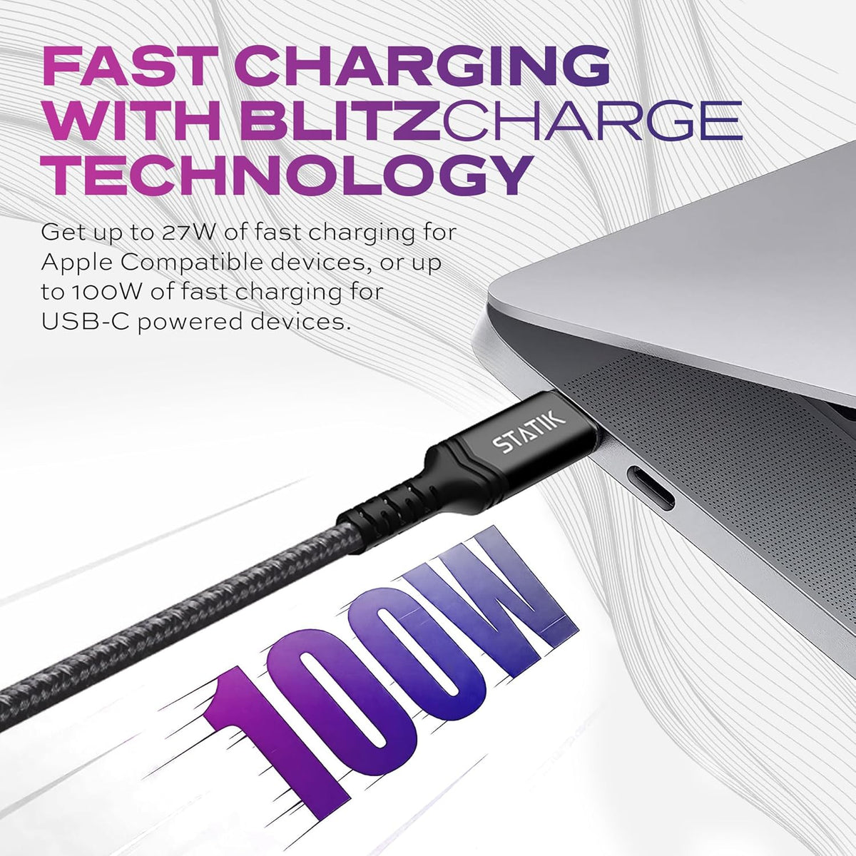 STATIK Durabraid 100W USB C Charger Cable, Type C Fast Charging Cable with Rapid Data Transfer, iPhone 15 Charger Cord,