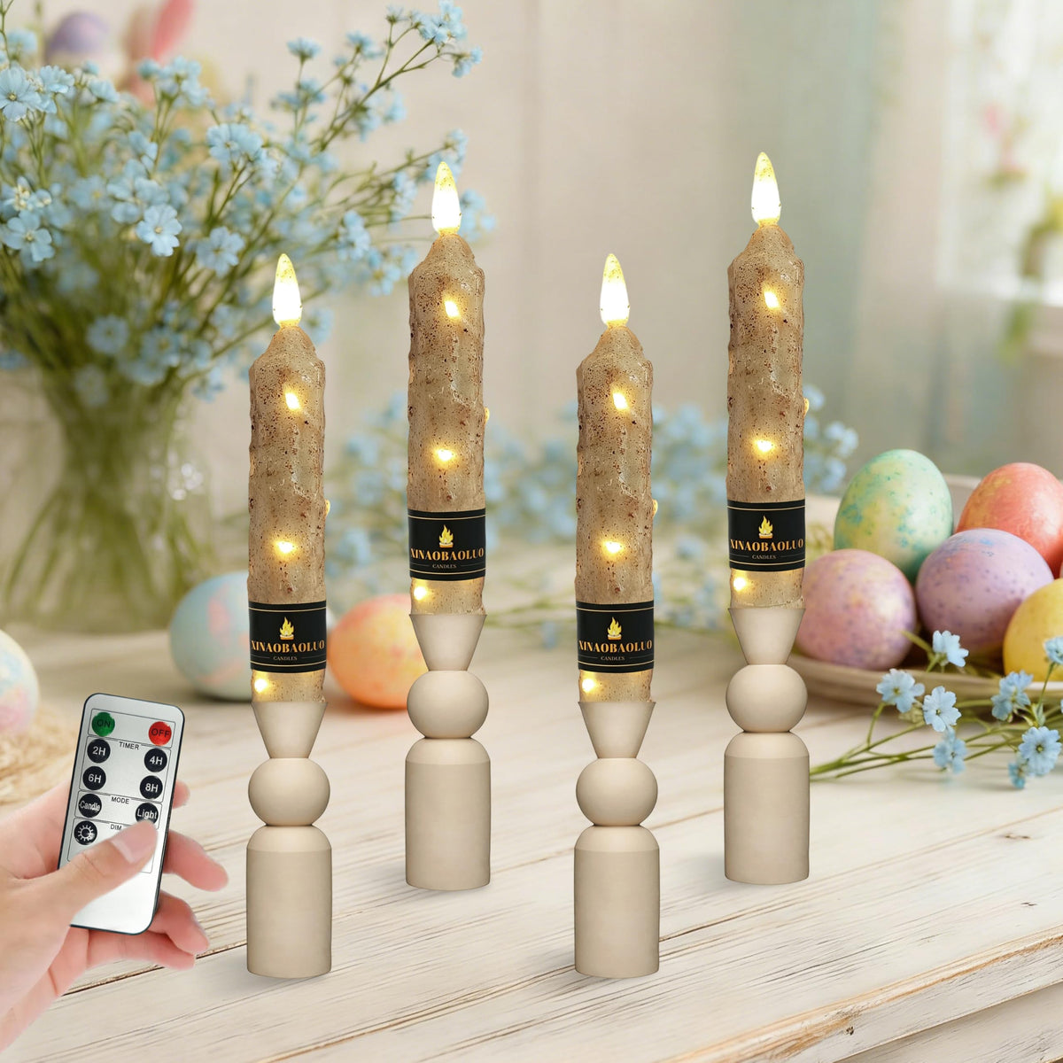 6.5 Inch Natural Wood Color Flameless Taper Candles Led Flickering With 10-Key Remote, Battery Operated Led Warm 3D Wick Light W