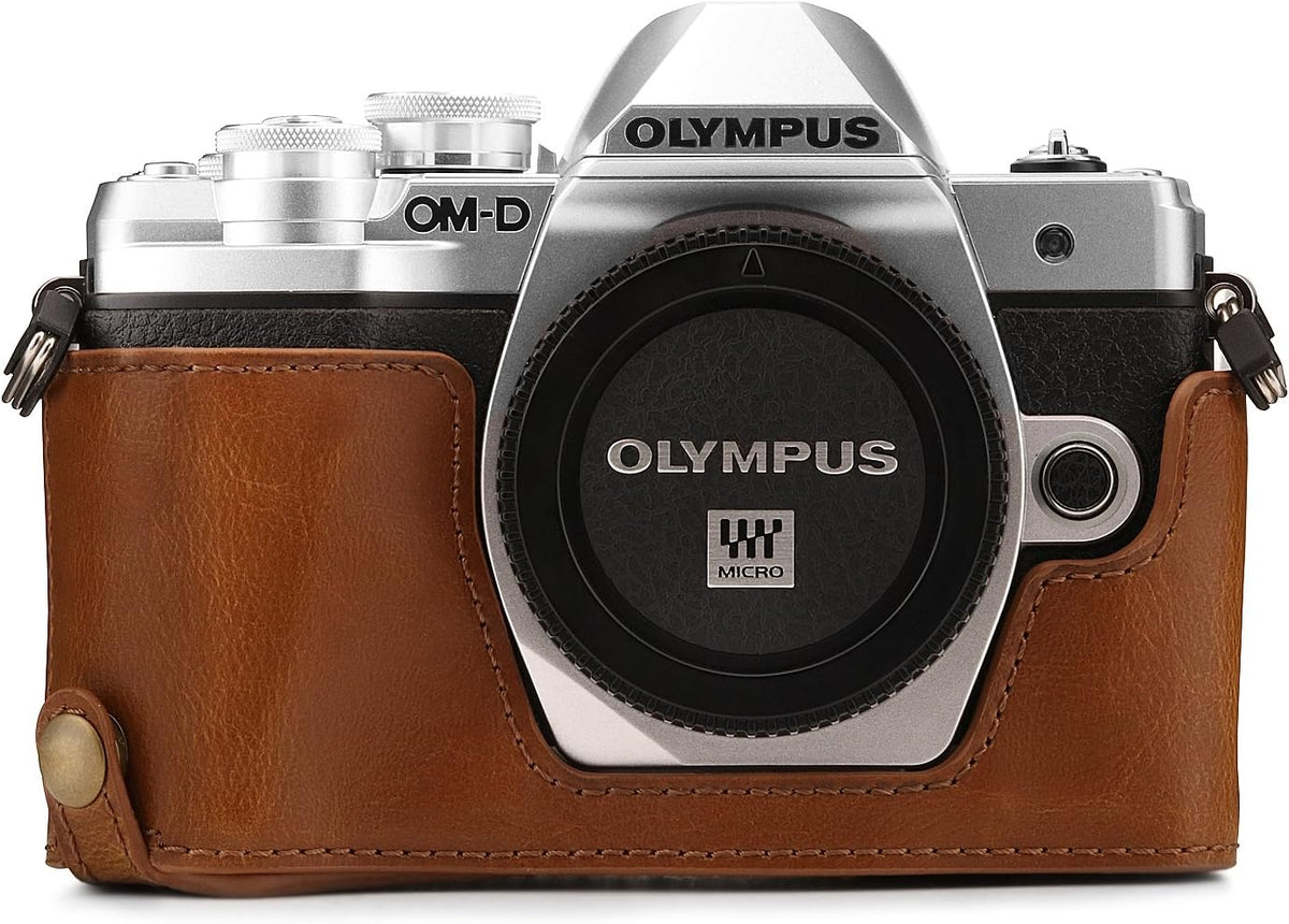 MegaGear MG1352 Olympus OM-D E-M10 Mark III Leather Camera Half Case and Strap, Light Brown