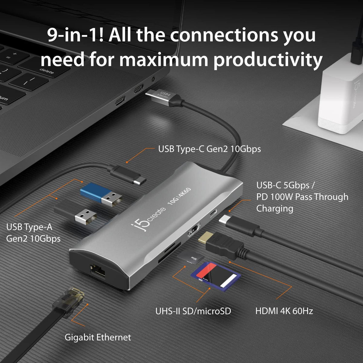 j5create Laptop Docking Station, 9-in-1, 4K60Hz HDMI, USB-C 10Gbps, 2 USB-A 10Gbps, 100W PD with USB-C 5Gbps, Ethernet, SD 4.0 Card Reader, for MacBook, XPS, Surface Pro (JCD393)