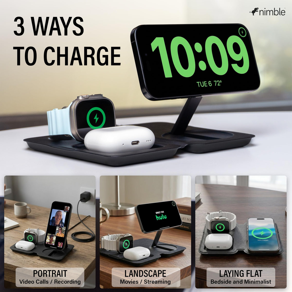 Nimble Fold 3-in-1 Wireless Charging Station for iPhone & AirPods, MagSafe Compatible 15W Qi2 Charging Stand, Wireless Charger Dock for iPhone