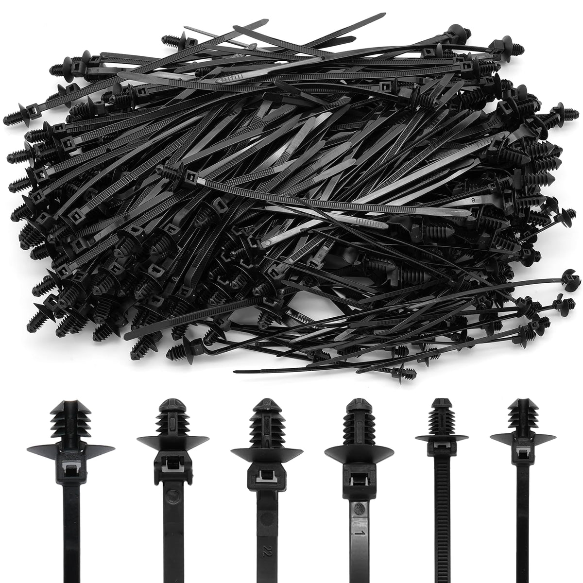 Semrien 240 Pcs Push Mount Cable Ties Assorted Sizes, Black Nylon Push Mount Zip Ties Wire Harness Clips, 6-Types Snap in Zip Ties Self Locking Automotive Wire Ties for Wire Tying, Automotive