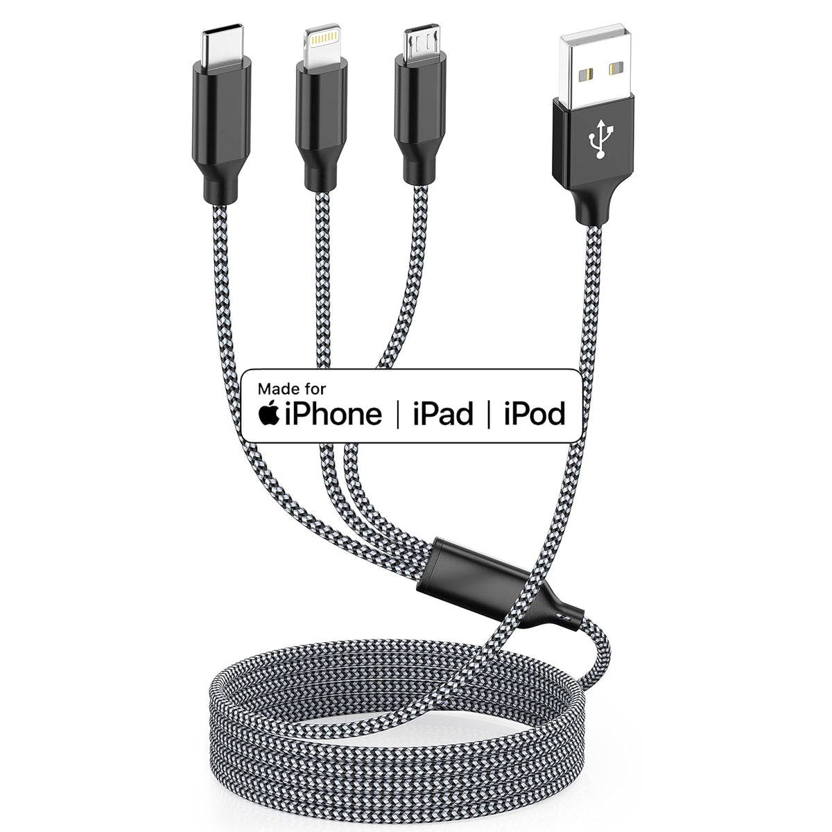 Multi Charging Cord 4ft, 2Pack Nylon Braided Apple MFi Certified iPhone Charger, 3 in 1 Lightning Cable