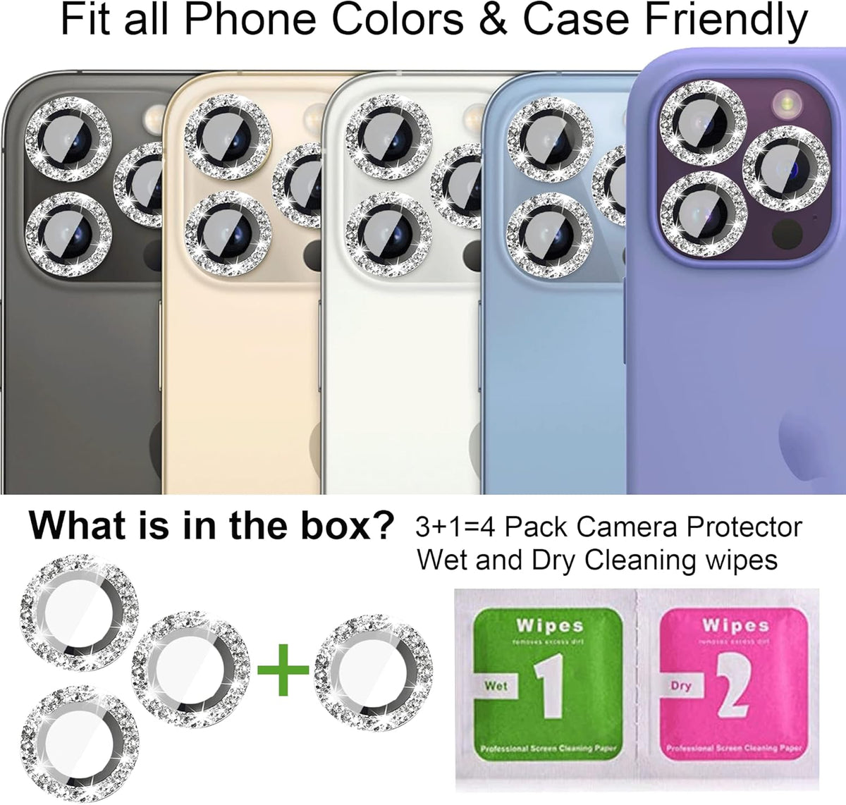 Nothers Bling Camera Lens Protector 3 Pack for iPhone 12/12 Pro/12 Mini/11/11 Pro/11 Max, HD Tempered Glass, Silver.