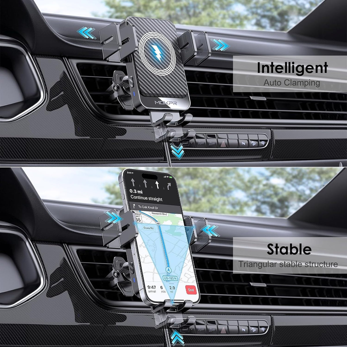 Wireless Car Charger, MOKPR 15W Fast Charging Auto-Clamping Car Charger Phone Mount Air Vent Cell Phone Holder Compatible iPhone 16/15/14/13/13 Pro/12 pro/12/11, Samsung Galaxy S23/S22/S21/S20, etc