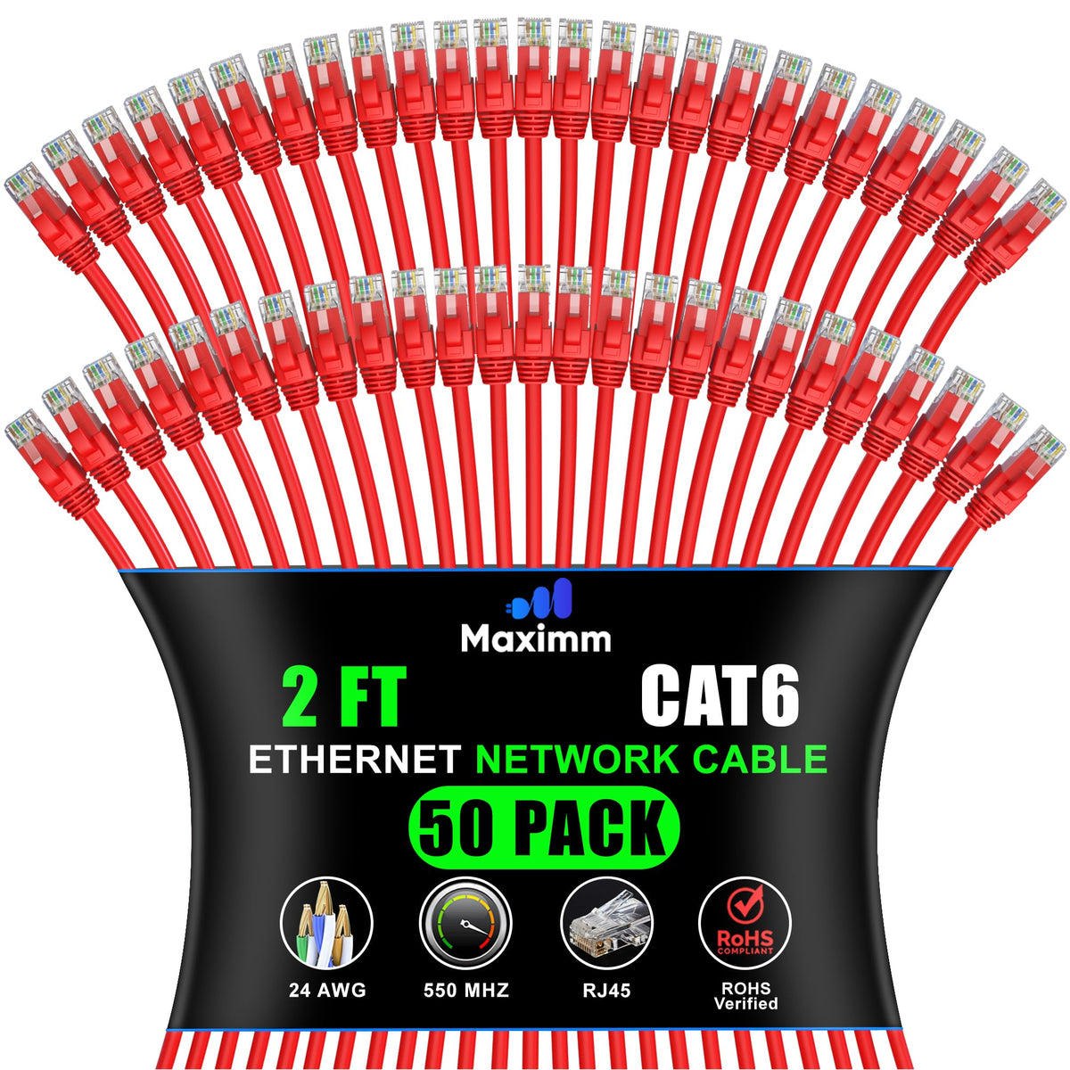 Maximm Cat 6 Ethernet Cable 2 ft (50-Pack) - High-Speed LAN, Internet, Patch, and Network Cable - UTP, 10Gbps, 550MHz Ethernet C