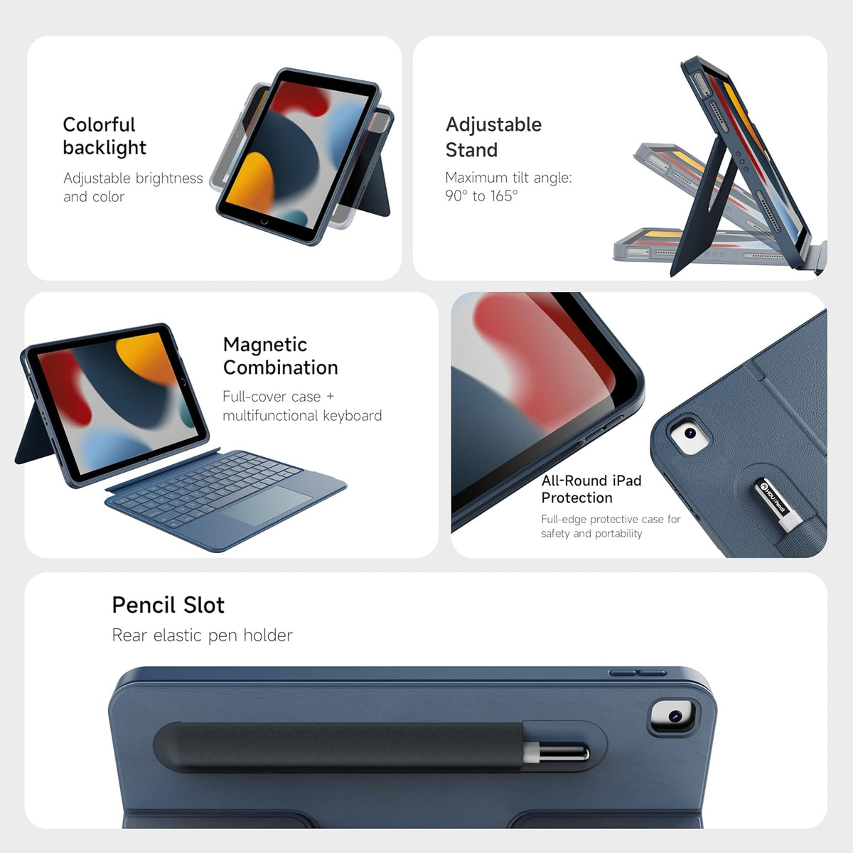 HOU Combo Keyboard Case for iPad 9th Generation (10.2", 2021)/8th Gen/7th Gen/iPad Air 3/Pro 10.5 Multi-Touch Trackpad,7 Color Backlight,Rotatable & Detachable,Portrait/Landscape Modes,Navy Blue