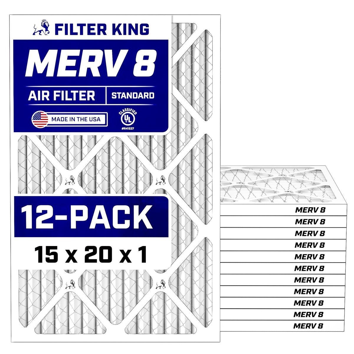 Filter King 15x20x1 Air Filter (MERV 8) (12-Pack) Dust & Allergy Control AC Furnace Filters, MADE IN USA, HVAC, Pleated, Electro