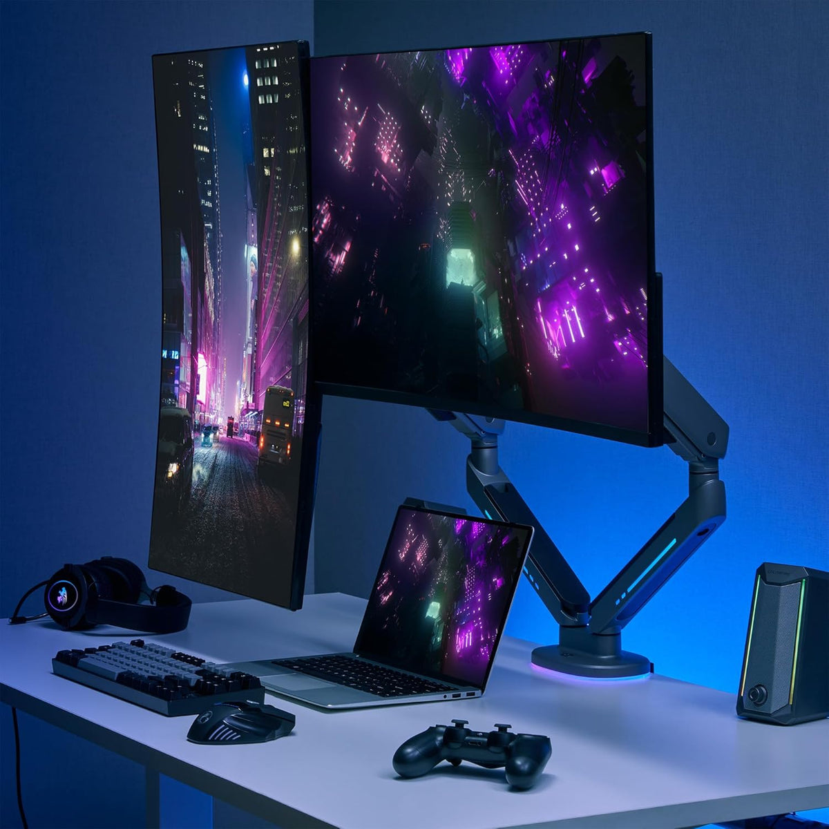 AVLT Dual 27”-43” RGB Gaming Monitor Arm Desk Mount Built-in 20 Lighting Modes Touch Button Control Fits Flat/Curved/Ultrawide Screen Height Swivel Tilt Rotation Adjustable Monitor Stand -Dark Gray