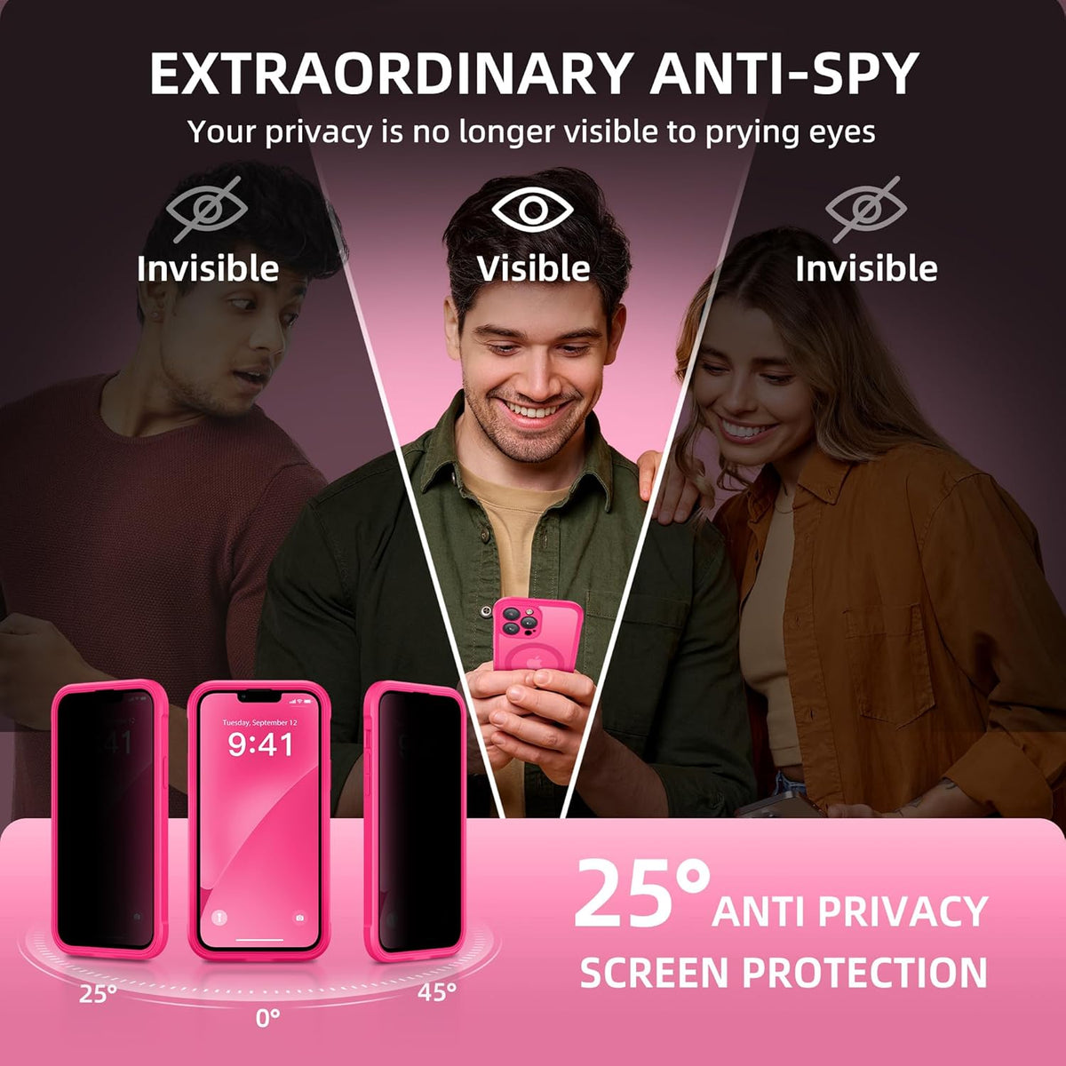 BERFY Magnetic for iPhone 13 Pro Max Case,Compatible with MagSafe,Built-in Privacy Screen Protector and Upgraded Camera Protection,Anti-Spy Full Body Shockproof Phone Case for 13 Pro Max 6.7",Hot Pink