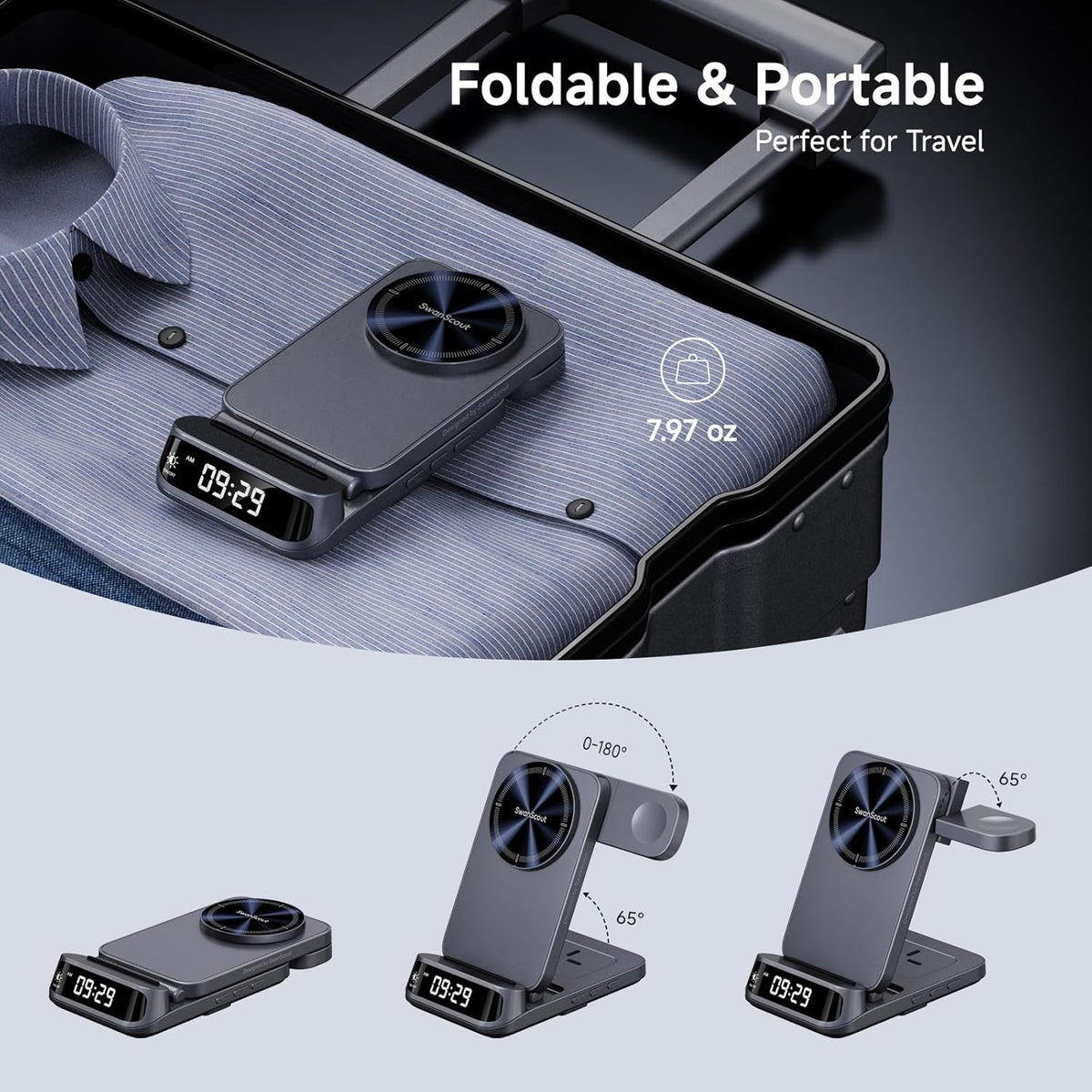 Wireless Charger Stand Compatible with MagSafe, SwanScout 708M, Foldable 3 in 1 Magnetic Wireless Charging Station for iPhone 16/15/14/13 Series, Travel Charger for Apple Watch, AirPods (No Adapter)