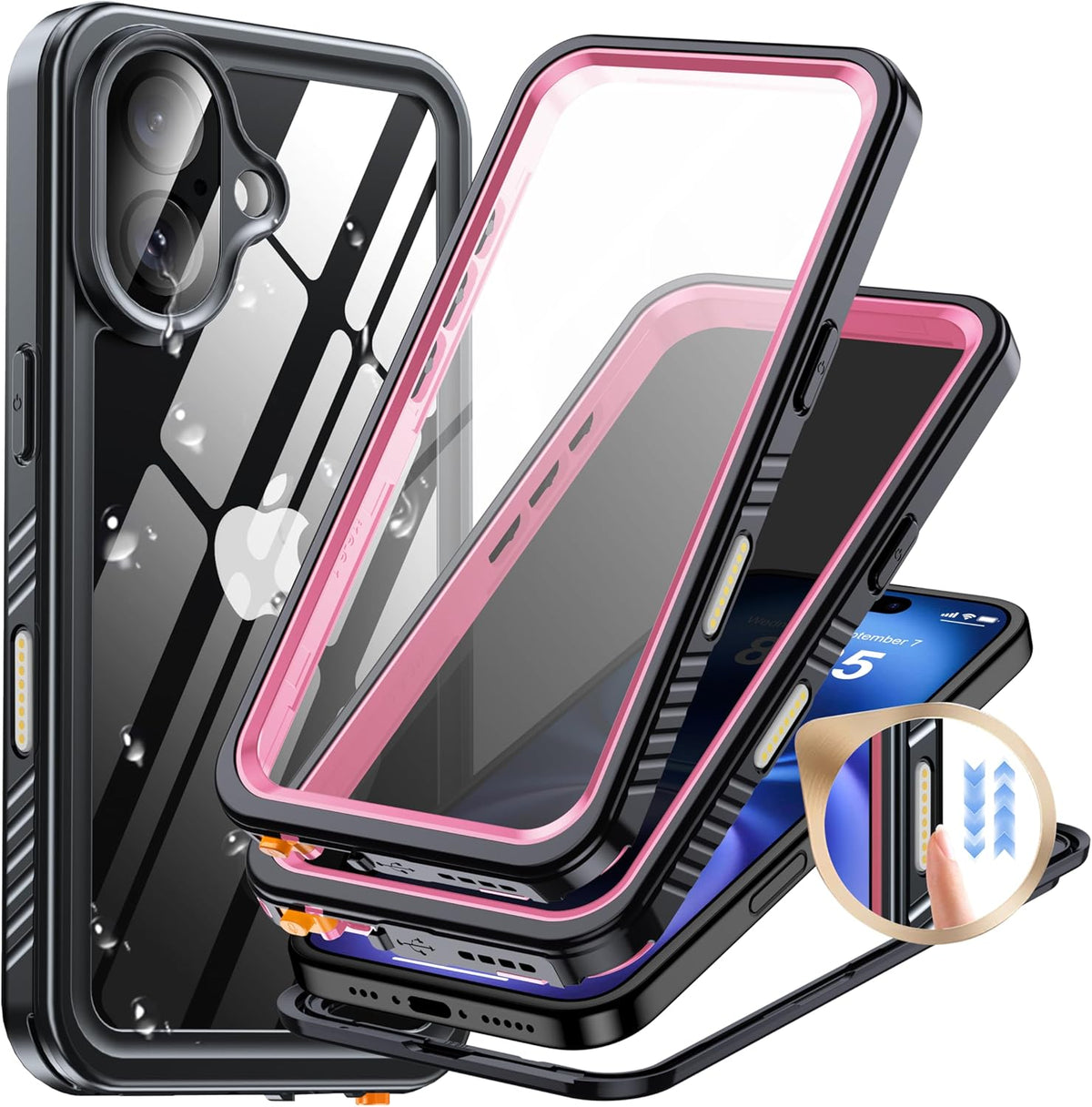for iPhone 16 Case Waterproof, Built-in Privacy Screen & HD Screen Double Front Frame [IP68 Underwater] Shockproof Dustproof Full Body Protection iPhone 16 Phone Case Pink