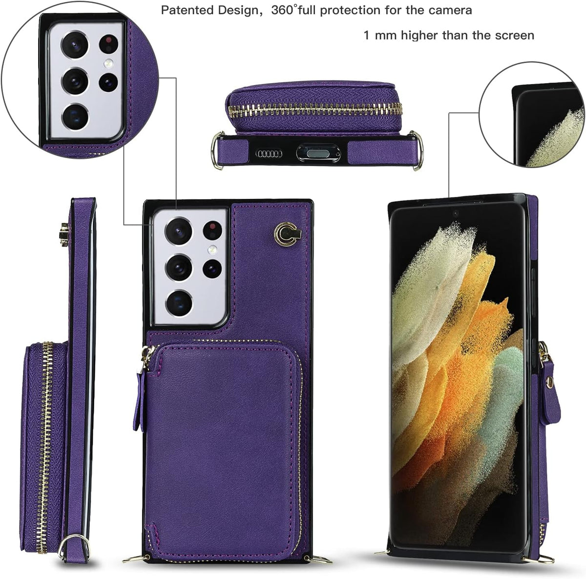 Asuwish Wallet Case for Samsung Galaxy S21 Ultra 5G - Leather, Zipper Card Holder, Tempered Glass Protector, Purple.