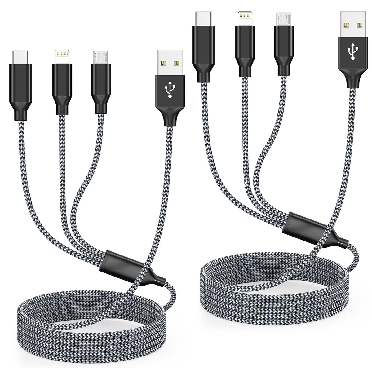 Multi Charging Cord 4ft, 2Pack Nylon Braided Apple MFi Certified iPhone Charger, 3 in 1 Lightning Cable