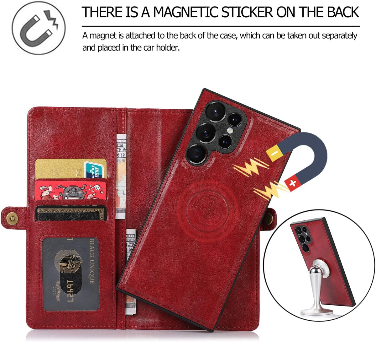 Asuwish Wallet Detachable Cover for Samsung Galaxy S23 Ultra 5G, Leather Flip Credit Card Holder with Magnetic Back, Red