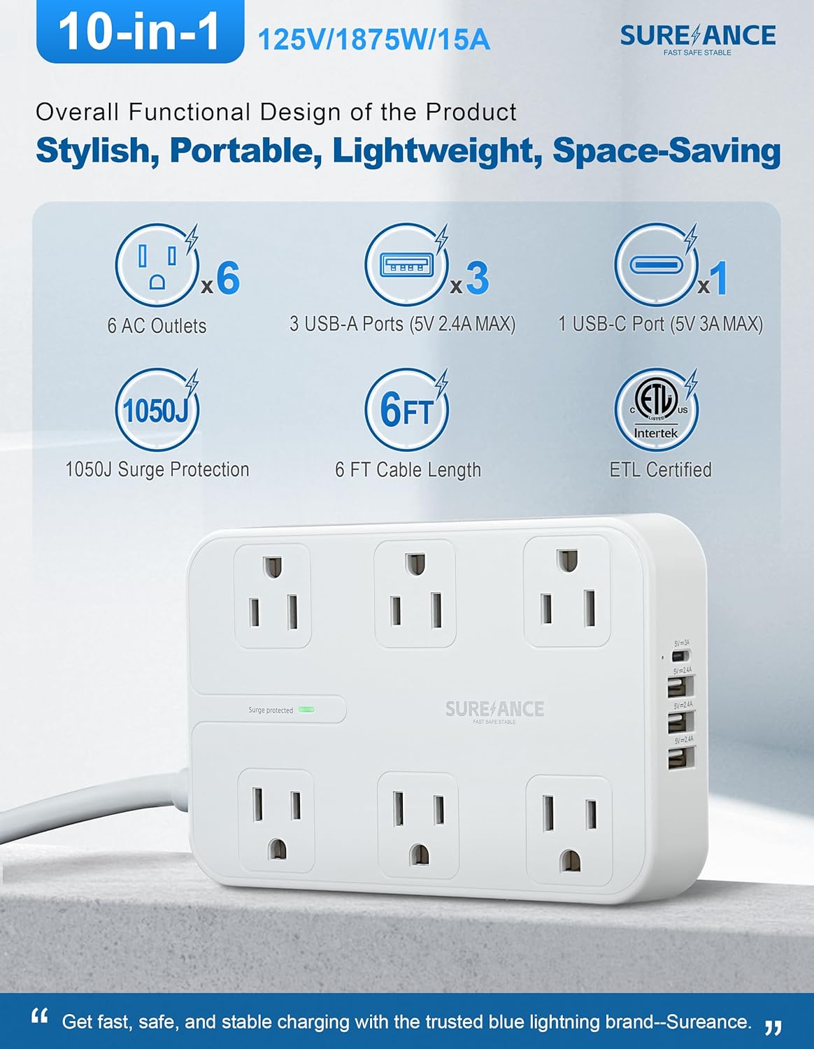 Surge Protector Power Strip - 6 Outlets, 3 USB-A, 1 USB-C, 1050J, 6FT Flat Plug Extension Cord, ETL Certified