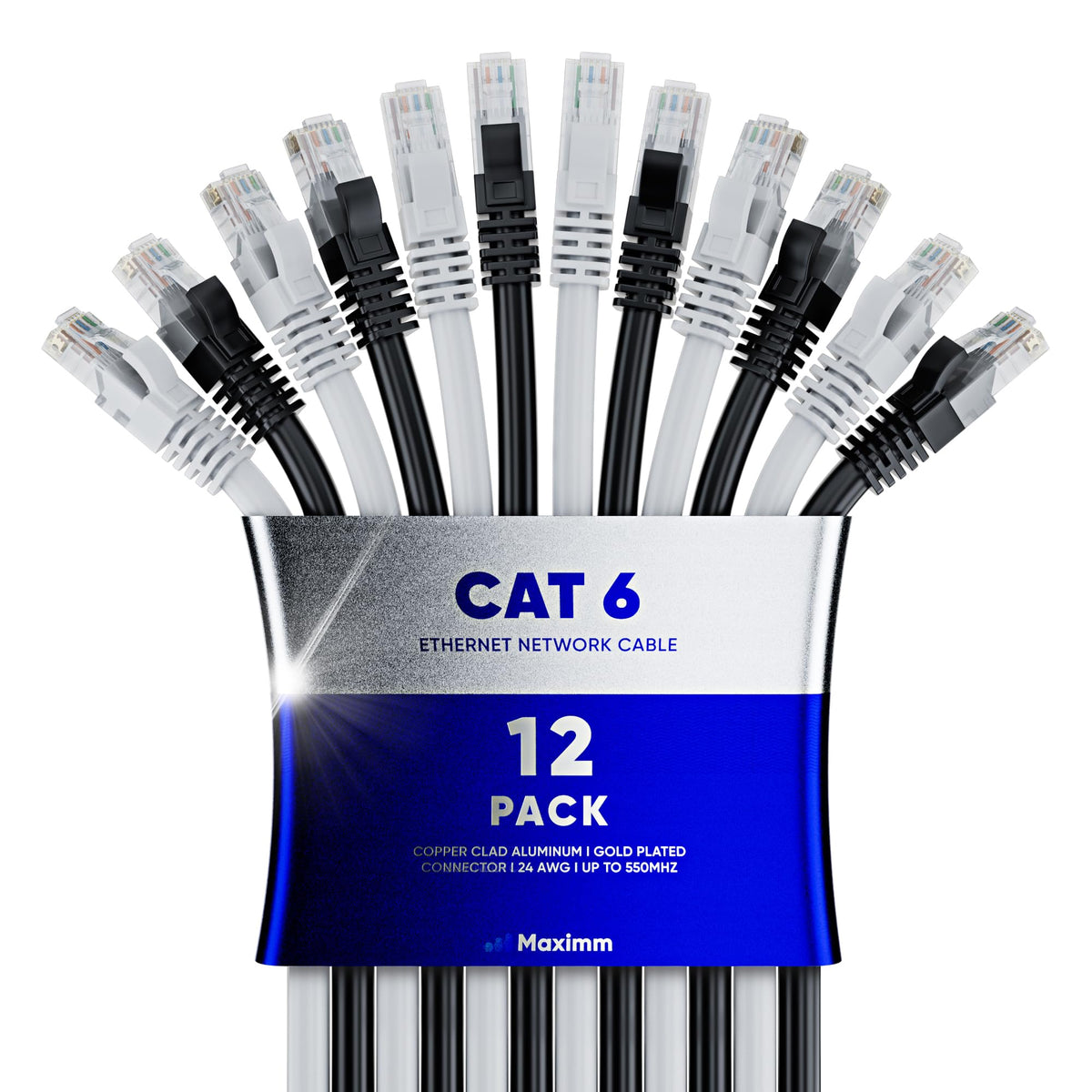 Maximm Cat 6 Ethernet Cable - 30 ft (12-Pack) - High-Speed LAN, Internet, Patch & Network Cable - UTP, 10Gbps, 550MHz Ethernet C
