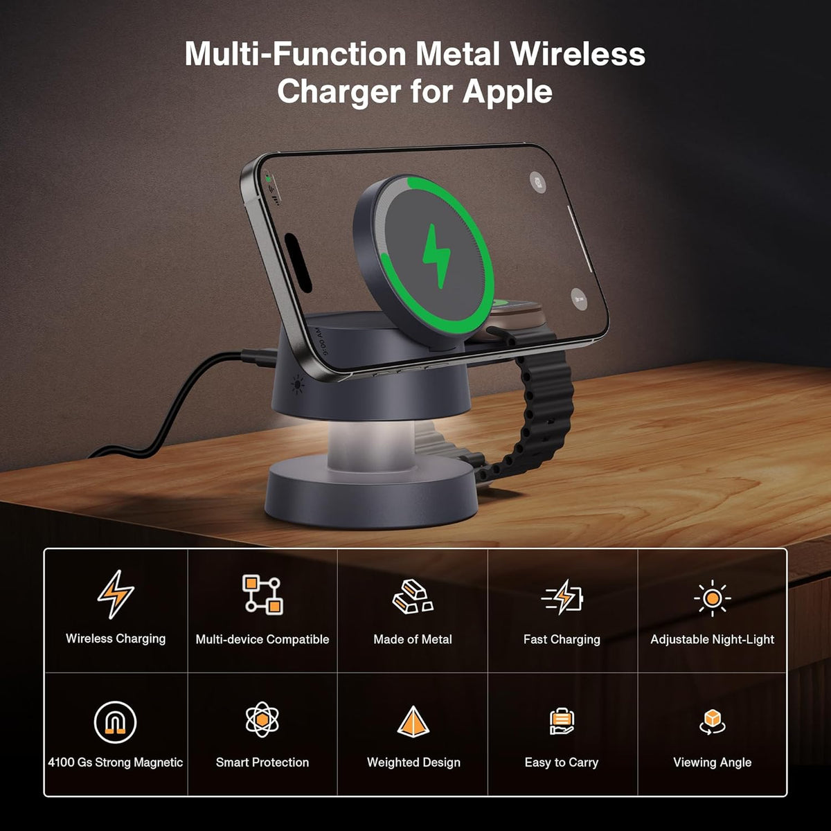 iVANKY 4 in 1 Wireless Charging Station with Night-Lamp for MagSafe Magnetic Charger Travel Stand, 3-in-1 Fast Charge for iPhone 17-11, for Apple iWatch, Airpods（Dual C-Port 100W Adapter Included