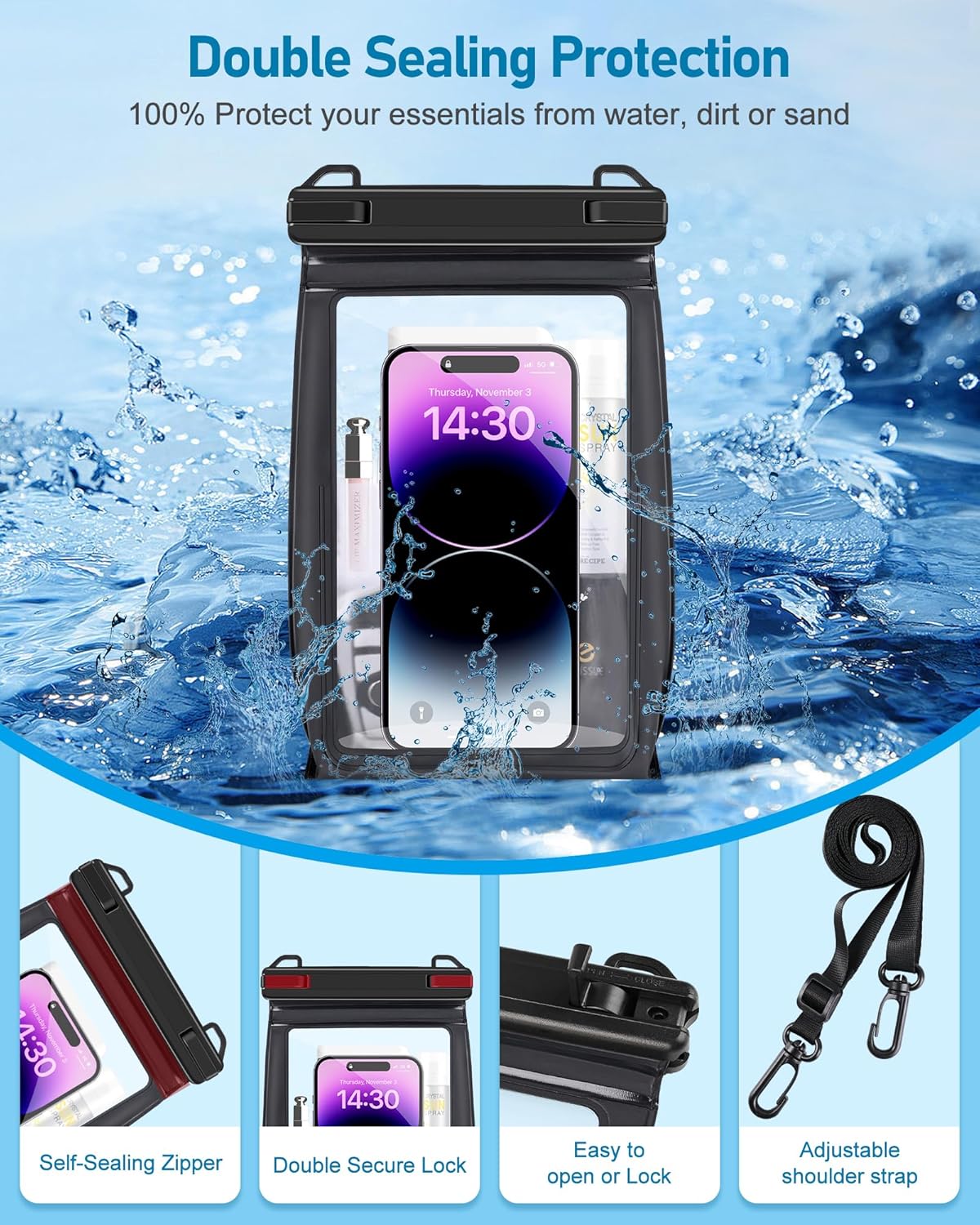 Large Waterproof Phone Pouch, Floating Dry Bag for iPhone 14 13 12 11 Pro Max Galaxy S22 S21 Large Capacity Waterproof Bag Sunscreen Glasses Storage Universal Dry Pouch for Swimming Rafting Boating