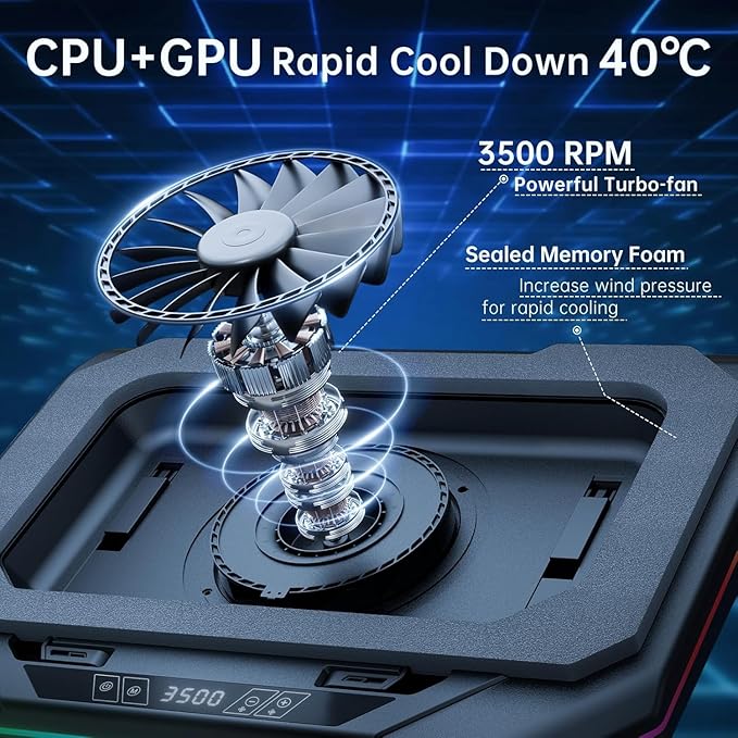 Cooling Pad for Razer Blade 15(2019) Gaming Laptop Cooler with Powerful Turbo Cooling Fan Can Fast Cooling CPU+GPU 40°C Variable Speed6 RGB Light ModeTouch Control LCD Screen 3 USB-A Port