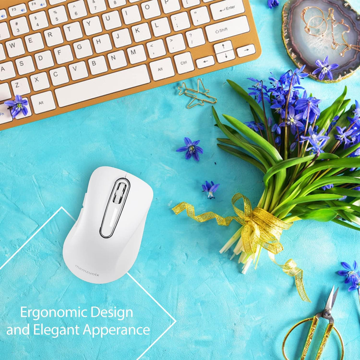 memzuoix 2.4G Wireless Mouse, 1400 DPI Computer Mice with USB Receiver, Portable Wireless USB Mouse Battery Powered Cordless Mice for Laptop, PC, Desktop, 5 Buttons (White)