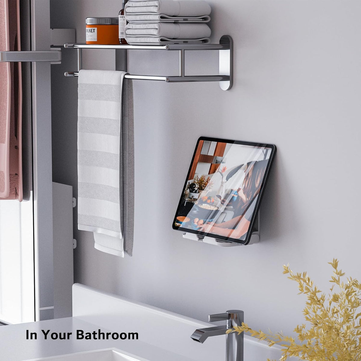 pzoz Wall Mount Cell Phone Holder for Outlet, Foldable Cellphone Stand for Mirror Bathroom Shelf Shower Bedroom Kitchen or Dorm Charging, Compatible with iPhone iPad or Tablet (White)