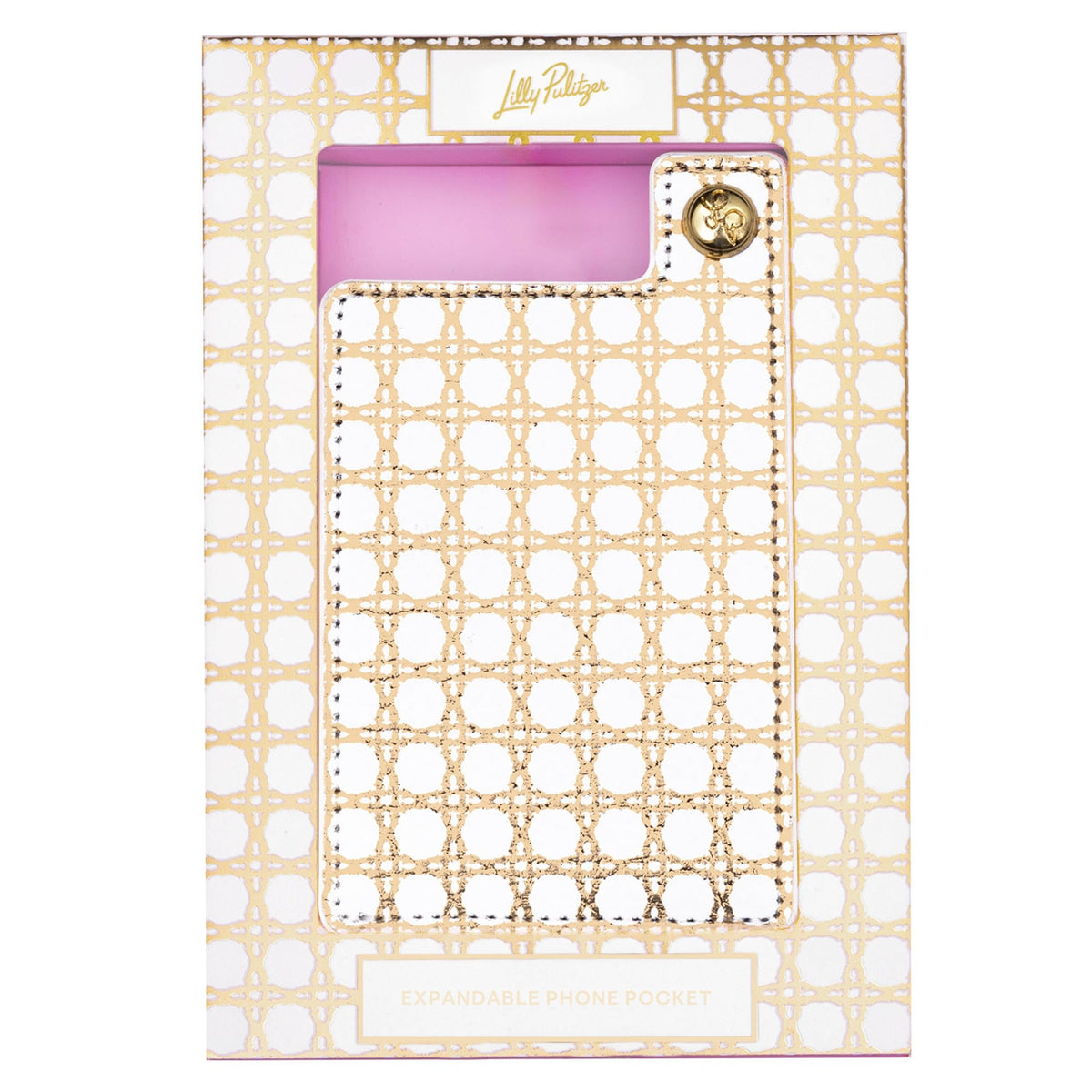 Lilly Pulitzer Phone Pocket, Card Holder for Phone Case with Button Snap for Credit Cards and ID, Gold Metallic Caning