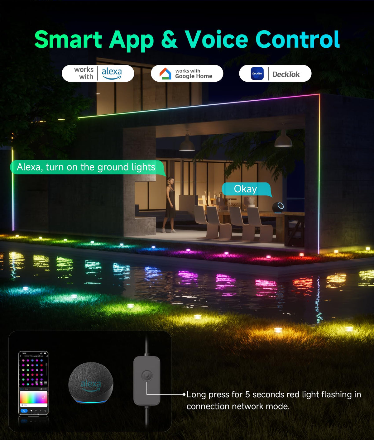 DeckTok Outdoor Ground Lights, 50ft Smart RGBCW LED Pathway Lights Work with Alexa, Google Assistant, 15 Pack IP67 Waterproof Landscape Lighting