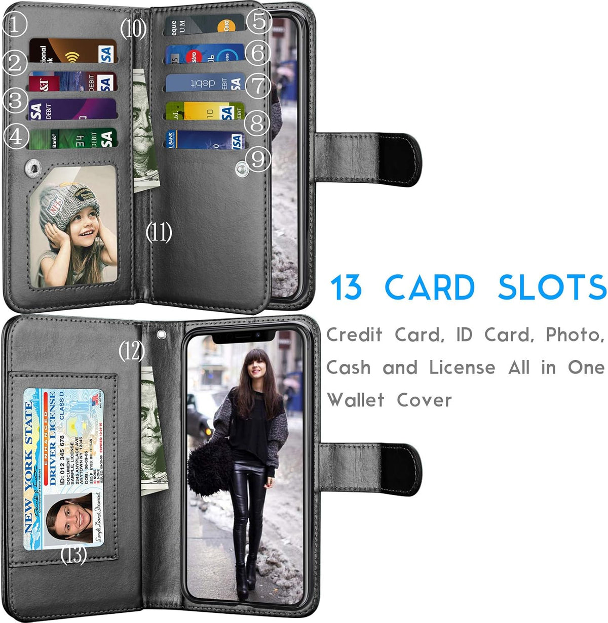 Tekcoo Wallet Case for iPhone 11 Pro, Luxury ID Cash Slots Holder, Black Detachable Magnetic