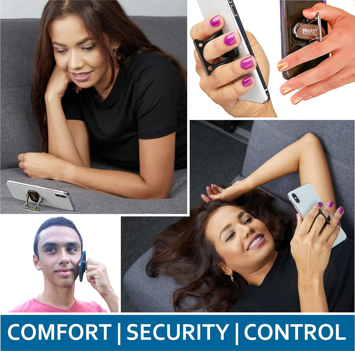 Phone Grip Holder Ring Kickstand, Unique 3-Finger Shape for Comfort & Security, Lightweight, Durable [Gun Black]