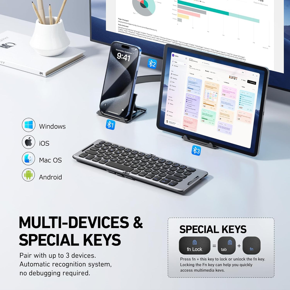 Foldable Bluetooth Keyboard with Stand Holder, Portable Wireless Keyboard for iOS, Android, Windows, Travel, B088