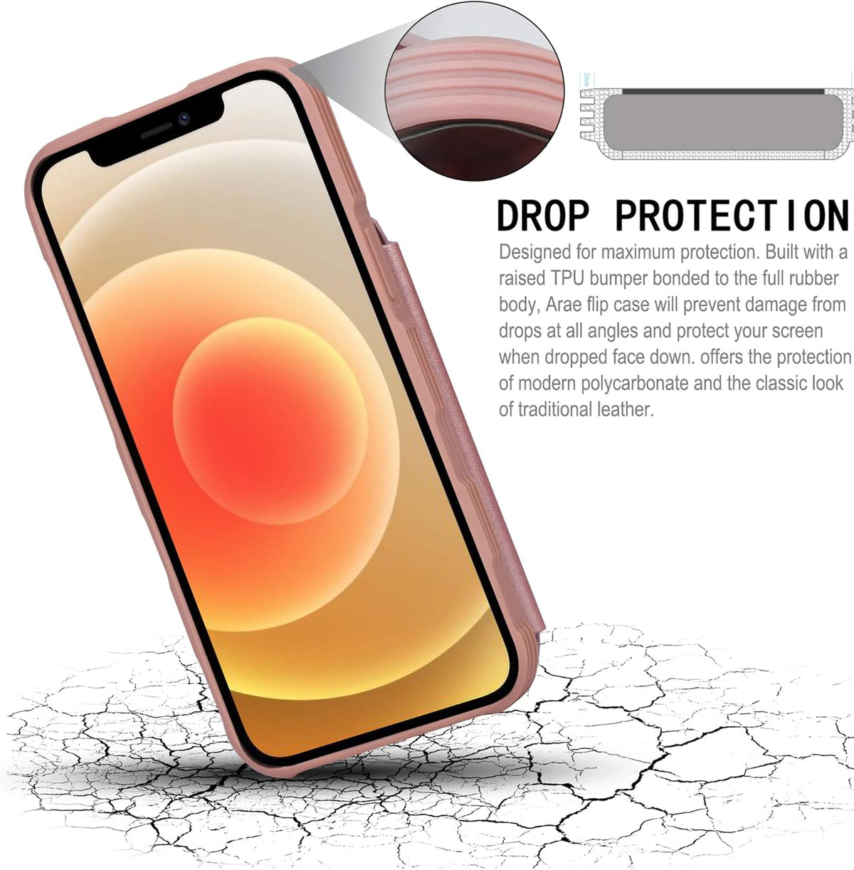 Arae Rose Gold Wallet Case for iPhone 12/12 Pro 6.1 Inch with Card Holder - PU Leather Back Flip Cover
