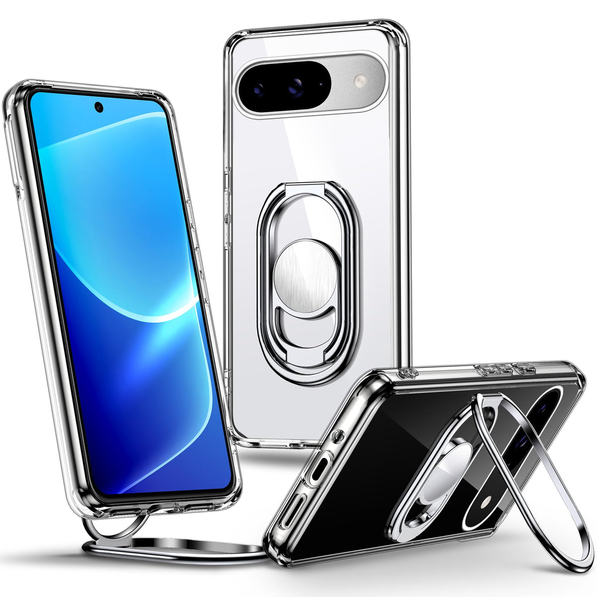 Shields Up For Google Pixel 9 Case With Stand, Pixel 9 Pro Case Clear With Double Ring Holder [Adjustable & Foldable] Shockproof