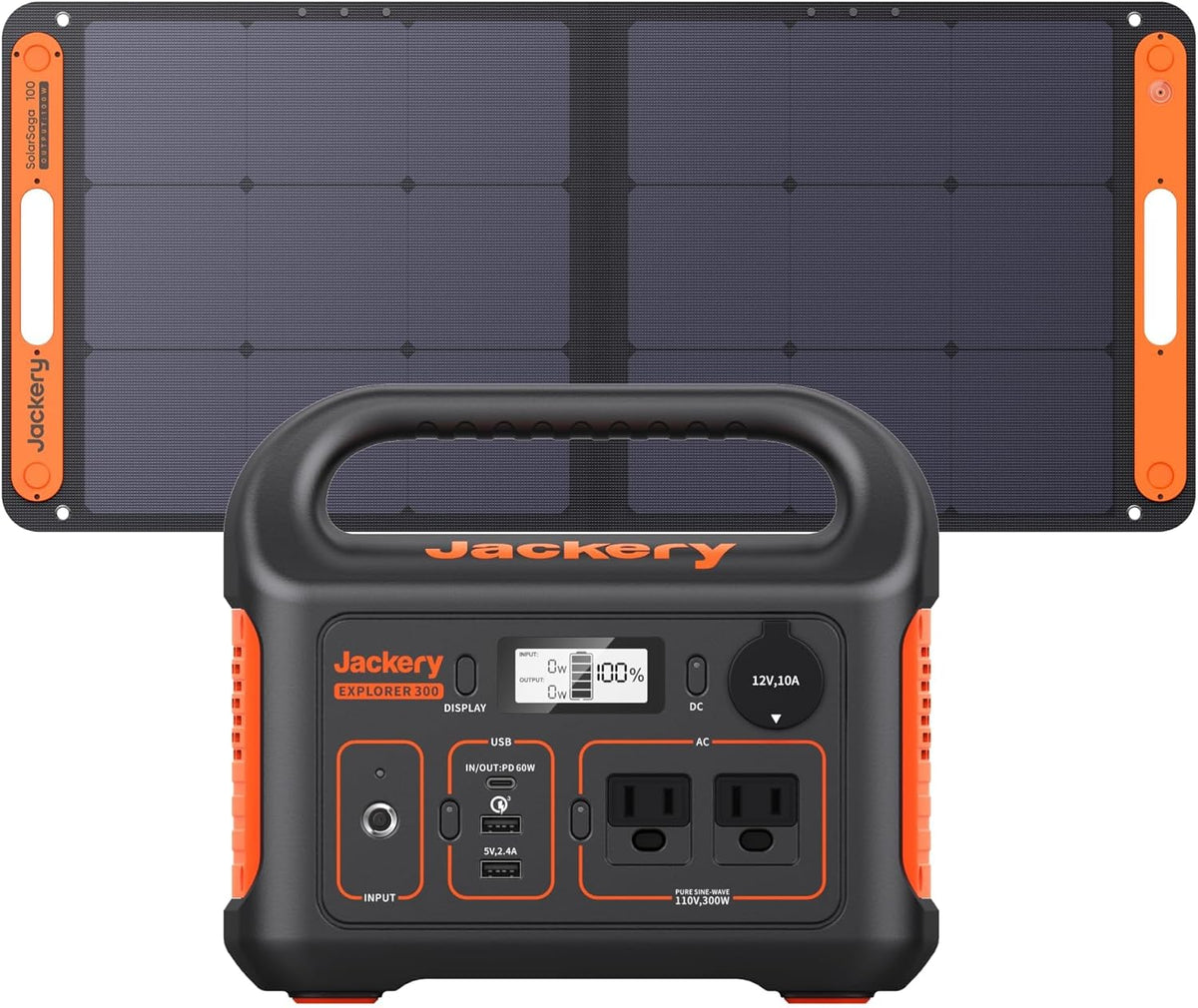 Jackery Solar Generator 300, 293Wh Backup Lithium Battery with 1XSolar Panel SolarSaga 100W, 110V/300W Pure Sine Wave AC Outlet for RV Outdoors Camping Travel Blackout