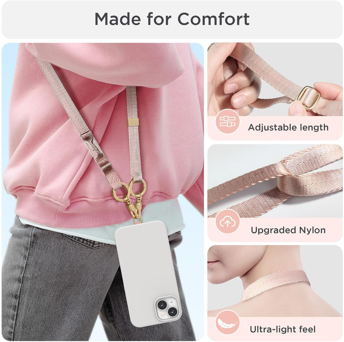 Phone Lanyard 2 in 1, Anti Theft Phone Strap Crossbody for Women Men, Adjustable Phone Wrist Strap with 2 Pack Tether Tabs